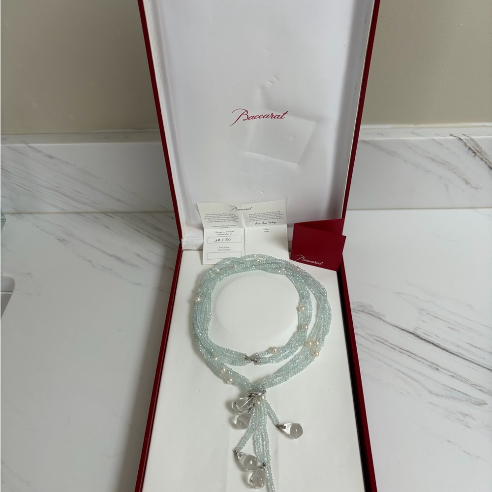 Baccarat plated 18K Pearls, Aquamarine Light Blue Necklace with Crystal Drops